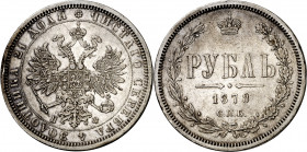 Rusia. 1878. Alejandro II. (San Petersburgo). . 1 rublo. (Kr. 25). Rayitas y golpecitos. Escasa. AG. 20,59 g. MBC+.