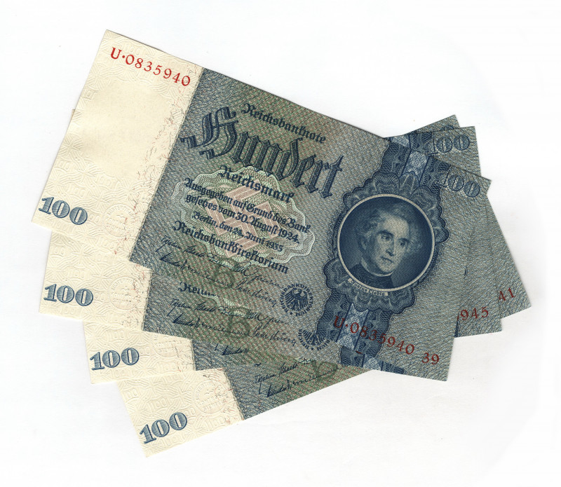 Germany - Third Reich 4 x 100 Reichsmark 1935 
P# 183a; N# 204560;# U 0835940; ...