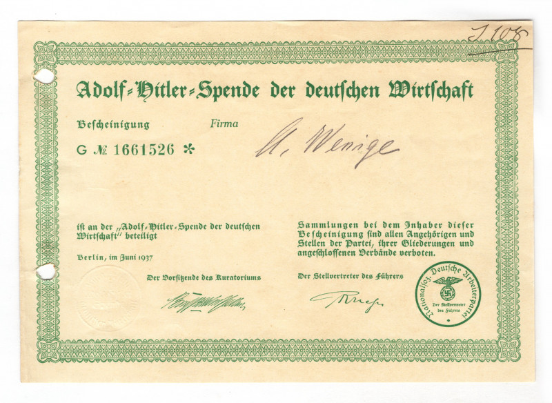 Germany - Third Reich Adolf-Hitler Spende Company Certificate 1937 
Rare; # 166...