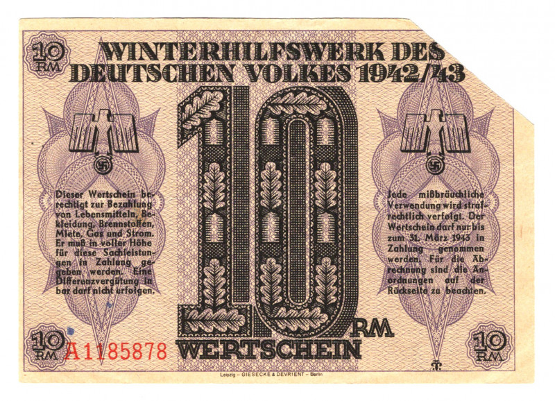 Germany - Third Reich Winterhelp 10 Reichsmark 1942 - 1943
P# NL; Very rare typ...