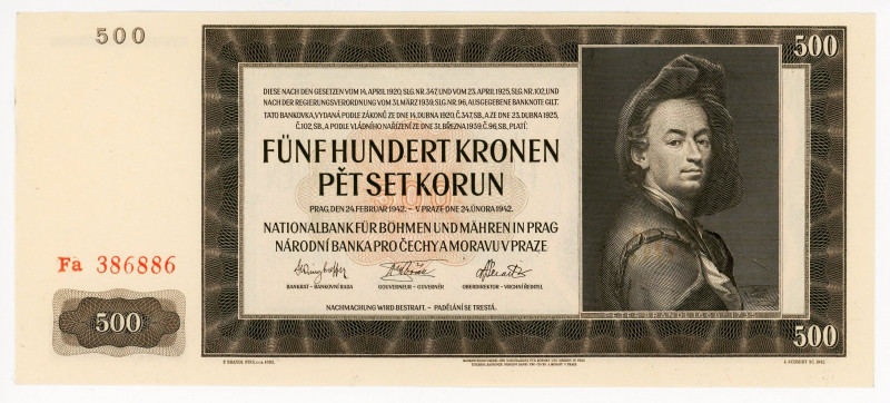 Bohemia & Moravia 500 Korun 1942 Specimen
P# 12s; N# 201690; # Fa 386886; AUNC