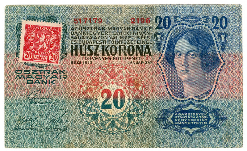 Czechoslovakia 20 Haleru on 20 Kroner 1919 (ND) With stamp 
P# 2; N# 217463; # ...