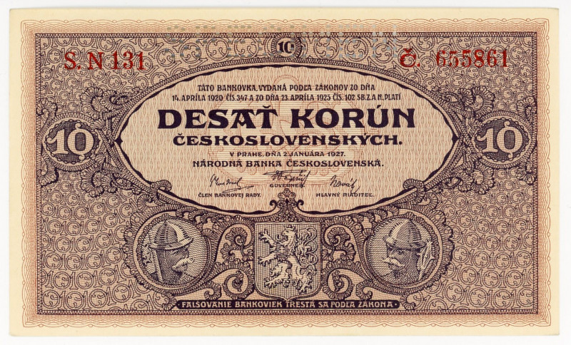 Czechoslovakia 10 Korun 1927 Specimen
P# 20s; N# 207299; # S.N 131 655861; AUNC...