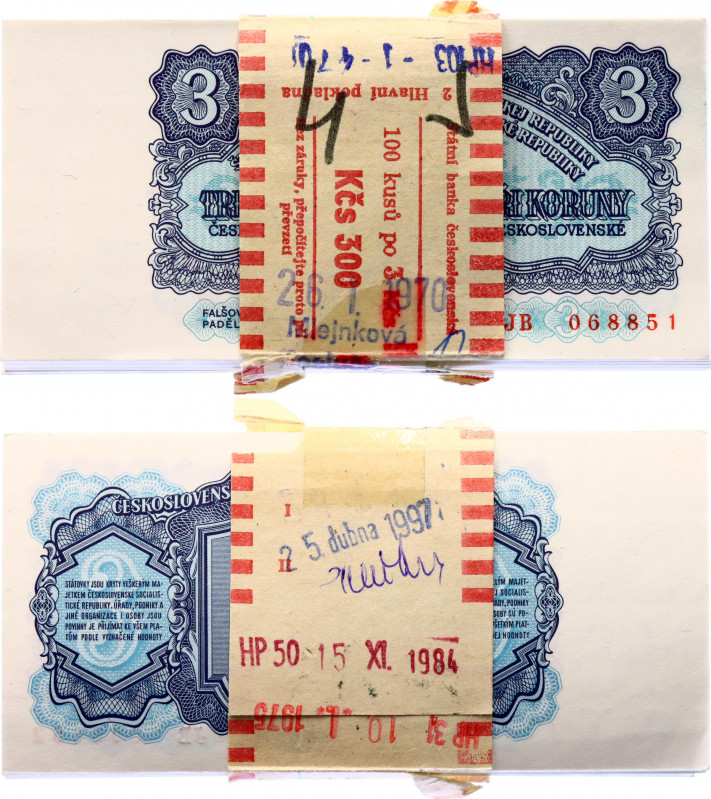 Czechoslovakia Original Bundle With 100 Banknotes 3 Korun 1961 Consecutive Numbe...