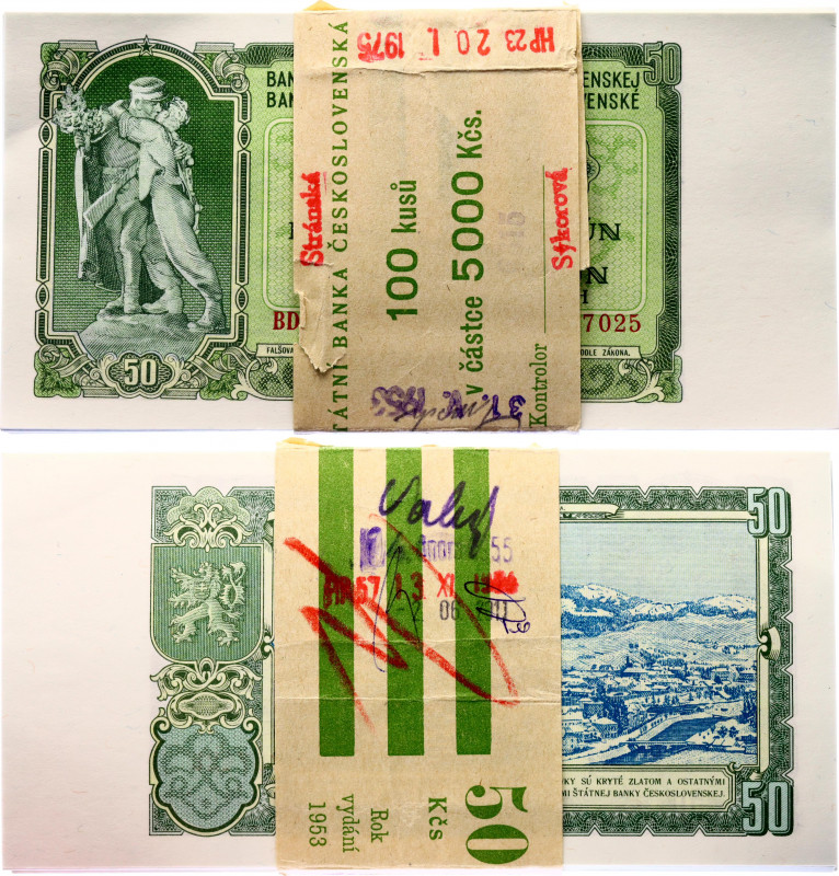 Czechoslovakia Original Bundle With 100 Banknotes 50 Korun 1953 Consecutive Numb...