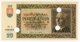 Slovakia 20 Korun 1939 Specimen 
P# 5s; N# 285778; # Bc 4 166222; XF