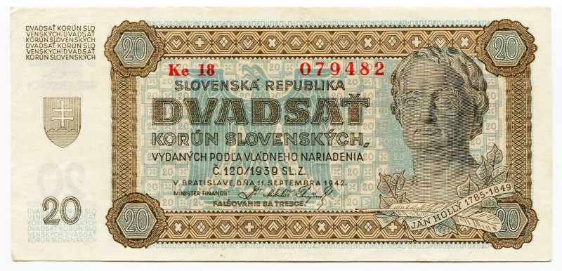 Slovakia 20 Korun 1942 
P# 7a; N# 268622; # Ke18 079482; XF-AUNC