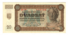 Slovakia 20 Korun 1942 Specimen
P# 7s;# 680780; UNC