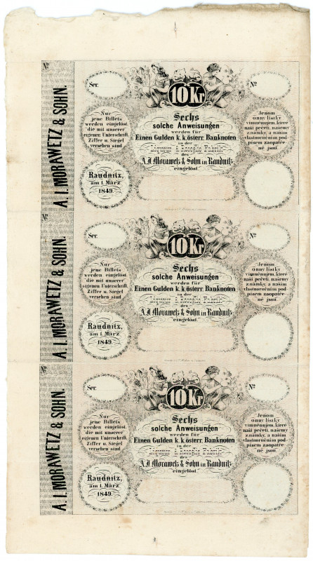 Austria Raudnitz 3 x 10 Krejcar 1849 Uncutted Sheet of Notes
A.J. Morawetz & So...