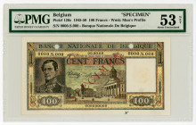 Belgium 100 Francs 1945 - 1950 Specimen PMG 53
P# 126s; N# 212070; # 0000.S.000