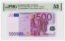 European Union Germany 500 Euro 2002 PMG 53 Error Banknote
P# 14x; N# 207104; # X07687949987; Mirrored watermark