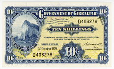 Gibraltar 10 Shillings 1958 
P# 17; N# 220044; # D 403278; Grafity; XF+