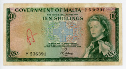 Malta 10 Shillings 1963 (ND)
P# 25a; N# 233140; #A/1 536391; VF
