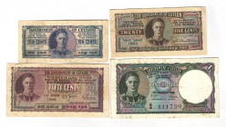Ceylon 10 - 25 - 50 Cents & 1 Rupee 1942 - 1949
P# 34; 43; 44; 45; N# 231196; N# 215231; N# 259163; N# 237578; Georg VI; VF