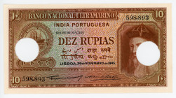 Portuguese India 10 Rupias 1945 Cancelled Note
P# 36; N# 215921; #598893; UNC