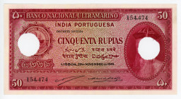 Portuguese India 50 Rupias 1945 Cancelled Note
P# 38; N# 215926; #154474; UNC