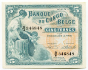 Belgian Congo 5 Francs 1951 
P# 13B; N# 258718; # B/H 346848; XF-AUNC