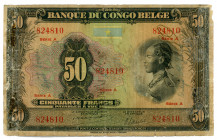 Belgian Congo 50 Francs 1941 - 1942
P# 16a; N# 201819; #824810; Serie A; Without EMISSION overprint; F