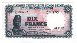 Belgian Congo 10 Francs 1957 
P# 30b; N# 205882; # 994727; Perfect is rare; UNC-