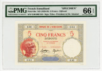 Djibouti 5 Francs 1928 - 1938 (ND) Specimen PMG 66
P# 6bs; N# 259647; # O.00 000 310