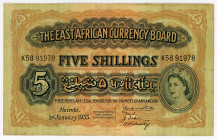 East Africa 5 Shillings 1955 
P# 33; N# 239299; # K58 91978; VF