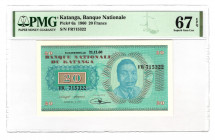 Katanga 20 Francs 1960 PMG 67 EPQ
P# 6a; UNC
