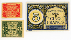 Morocco 50 Cents & 1 - 5 Francs 1943 - 1944
P# 33, 41, 42; N# 210245; N# 225374; N# 223935; AUNC - UNC