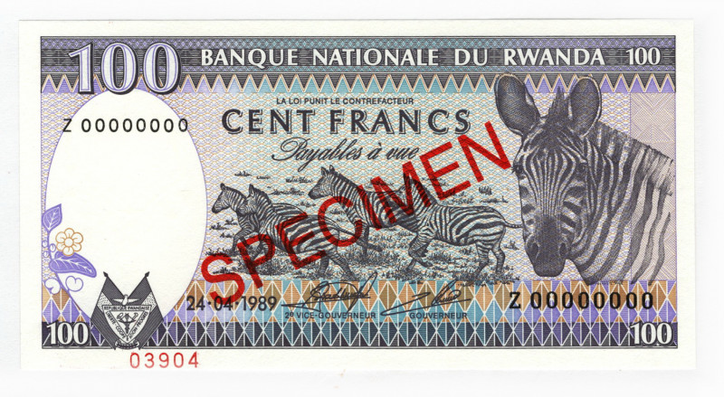 Rwanda 100 Francs 1989 Specimen
P# 19s; N# 206512; UNC