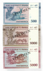 Rwanda 500 - 1000 - 5000 Francs 1994 Specimen
P# 23-25s; UNC