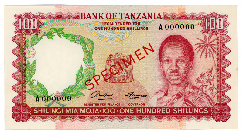 Tanzania 100 Shillings 1966 (ND) Specimen
P# 4s; N# 287434; #A000000; Masai her...
