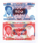 Uganda 500 - 1000 Shillings 1983 (ND) Specimen
P# 22-23s; UNC