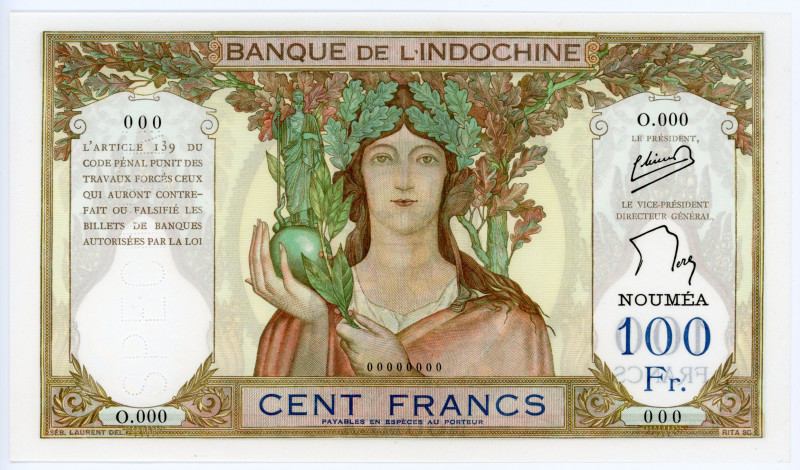 New Caledonia 100 Francs 1937 - 1967 (ND) Specimen
P# 42ds; N# 299016; # 000000...