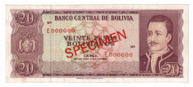 Bolivia 20 Bolivianos 1962 Specimen
P# 155s; N# 280169; UNC