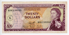 East Caribbean States 20 Dollars 1965 (ND) L
P# 15l; N# 219645; #A24238335; L = Saint Lucia; VF