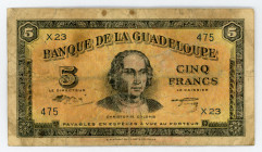 Guadeloupe 5 Francs 1942 (ND)
P# 21; N# 287005; #X23 475; Columbus at center; VG
