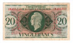 Guadeloupe 20 Francs 1944 
P# 28; # LM487,510;Rare; VF+