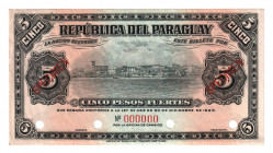 Paraguay 5 Pesos 1920 Specimen
P# 143s; UNC