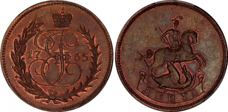 Russia Denga 1765 Novodel RR PCGS SP64RB
Bit# 740 R2; Novodel; Copper.
