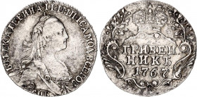 Russia Grivennik 1767 /4 СПБ
Bit# 470; N# 38056; Silver 2.26g; 0.75 Rouble by Petrov; Overdate; AU