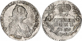 Russia Grivennik 1769 CПБ
Bit# 474; Silver 2.15g; 0.75 Rouble by Petrov, 3 Roubles by Ilyin; Mint Luster; AU-UNC