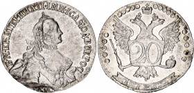 Russia 20 Kopeks 1764 ММД
Bit# 150; Silver 4.91g; 1 Rouble by Petrov; Luster; XF-AU
