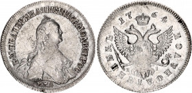 Russia Polupoltinnik 1764 MMД EI TI Big Planchet
Bit# 138; Silver 5.88g 26mm; 1 Rouble by Petrov; Mintage 112.000 pcs; Struck on Big Planchet; AU