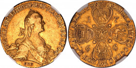Russia 10 Roubles 1766 СПБ R NGC AU 53
Bit# 12 R; 21 R by Petrov; 20 R by Ilyin; Conros# 4/10; Gold (.917) 13.09 g.; AUNC. remains of mint luster, ni...