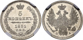 Russia 5 Kopeks 1851 СПБ ПА NGC MS 63
Bit# 409; Silver; UNC, rare condition!