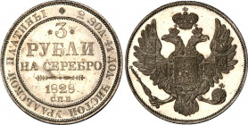 Russia 3 Roubles 1828 СПБ PROOF R1 PCGS PR 63
Bit# 73 R1; 10 R by Ilyin. 1st Platinum coin in the world. Extremely rare in this condition.