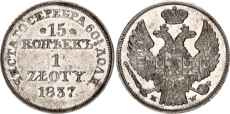 Russia - Poland 15 Kopeks - 1 Zloty 1837 MW
Bit# 1170; Silver 3,1g.; UNC