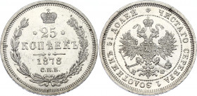 Russia 25 Kopeks 1878 СПБ НФ NGC MS 62
Bit# 156; Silver; UNC, rare condition!