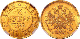 Russia 3 Roubles 1875 СПБ HI NGC MS 62
Bit# 37 (R); Gold (.917), 3.93 g. UNC. Rare in this grade.