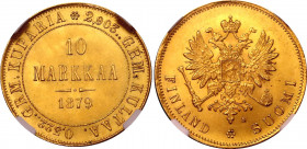 Russia - Finland 10 Markkaa 1879 S NGC MS 64
Bit# 615; Gold (.900) 3.19 g.; UNC, very rare in this grade!