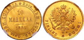 Russia - Finland 10 Markkaa 1881 S R NGC MS 64
Bit# 616 (R); Gold (.900) 3.23g. UNC. Very rare grade for old date.